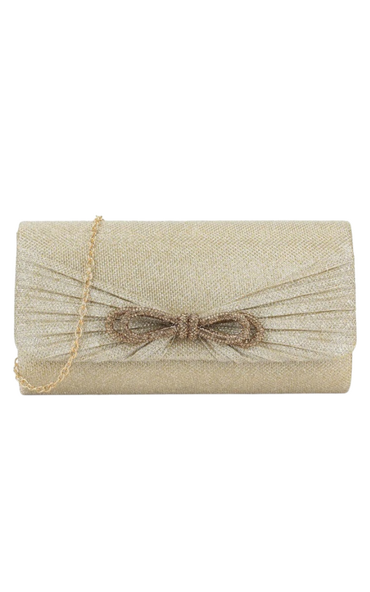 Glitter Clutch With Diamante Bow In Gold