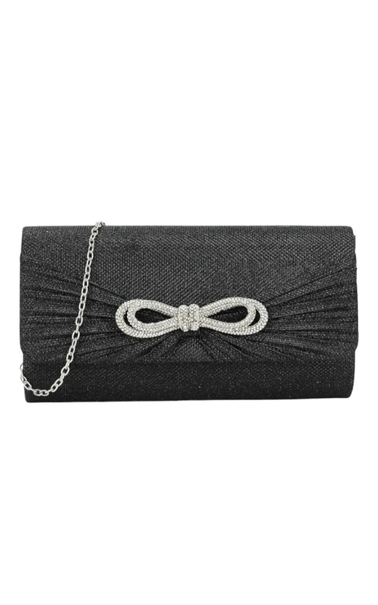 Glitter Clutch With Diamante Bow In Black