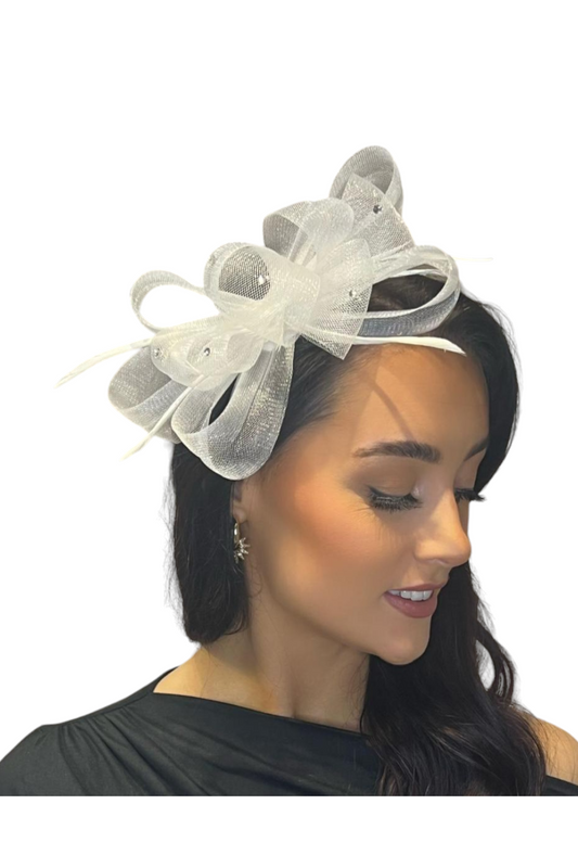 Diamante Bow Fascinator In White