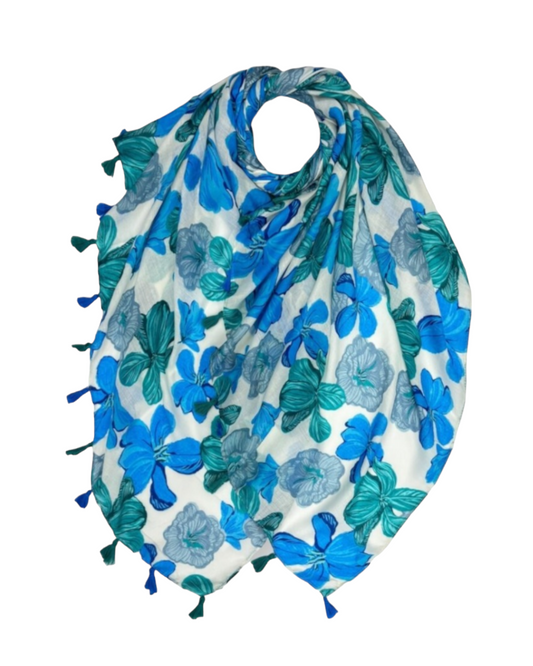 Plumeria Flower Print Scarf In Blue